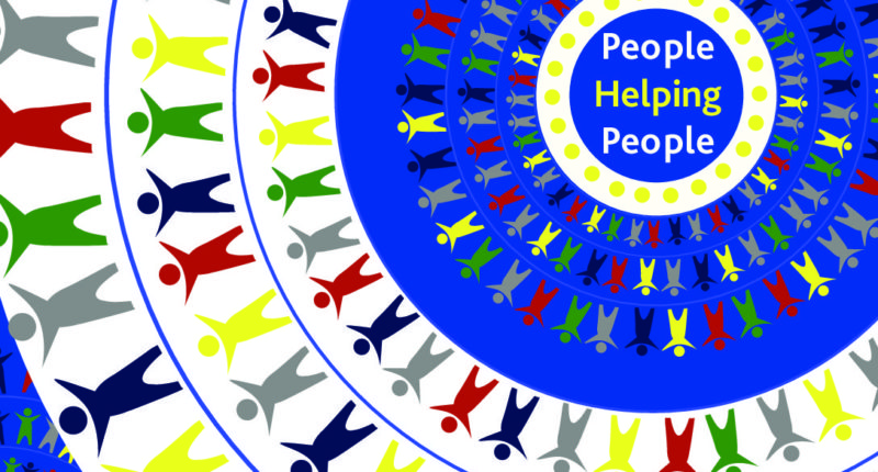 People figures standing finger tip to finger tip in endless circles